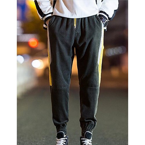 Men loose cotton denim pants, color block